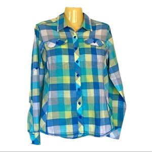 Columbia Camp Shirt Button Front Plaid Gorpcore Hiking Fishing Blue Green Med